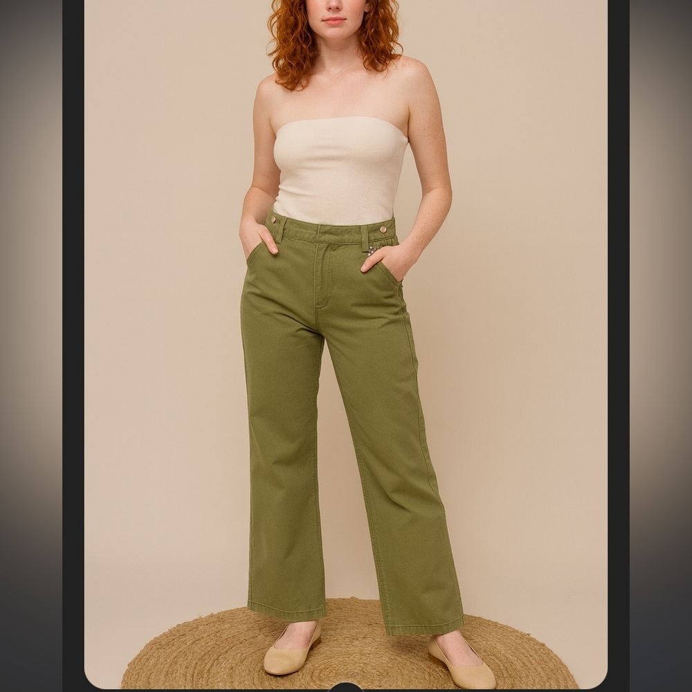 Bellerose green button front pants denim cotton $300 contemporary winter boho
